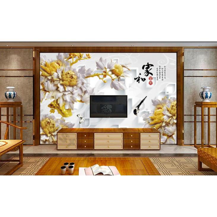 Tranh 3d phòng khách phòng ngủ hiện đại dán tường - Hoa Mẫu Đơn vàng kim