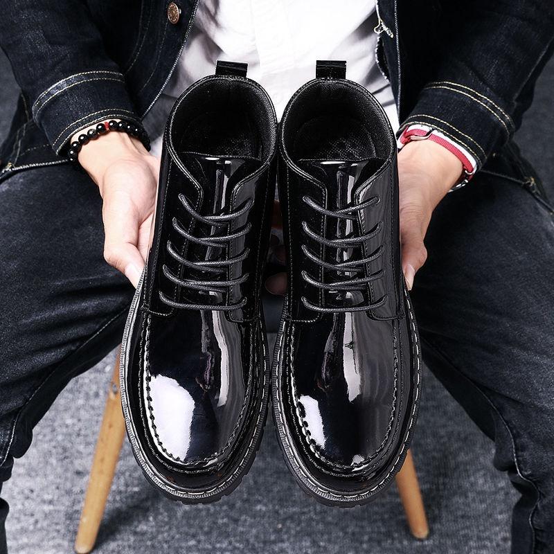 High-top leather shoes men's Korean version of high leather boots students Martin boots short boots winter men's shoes plus velvet cotton shoes - 599 black