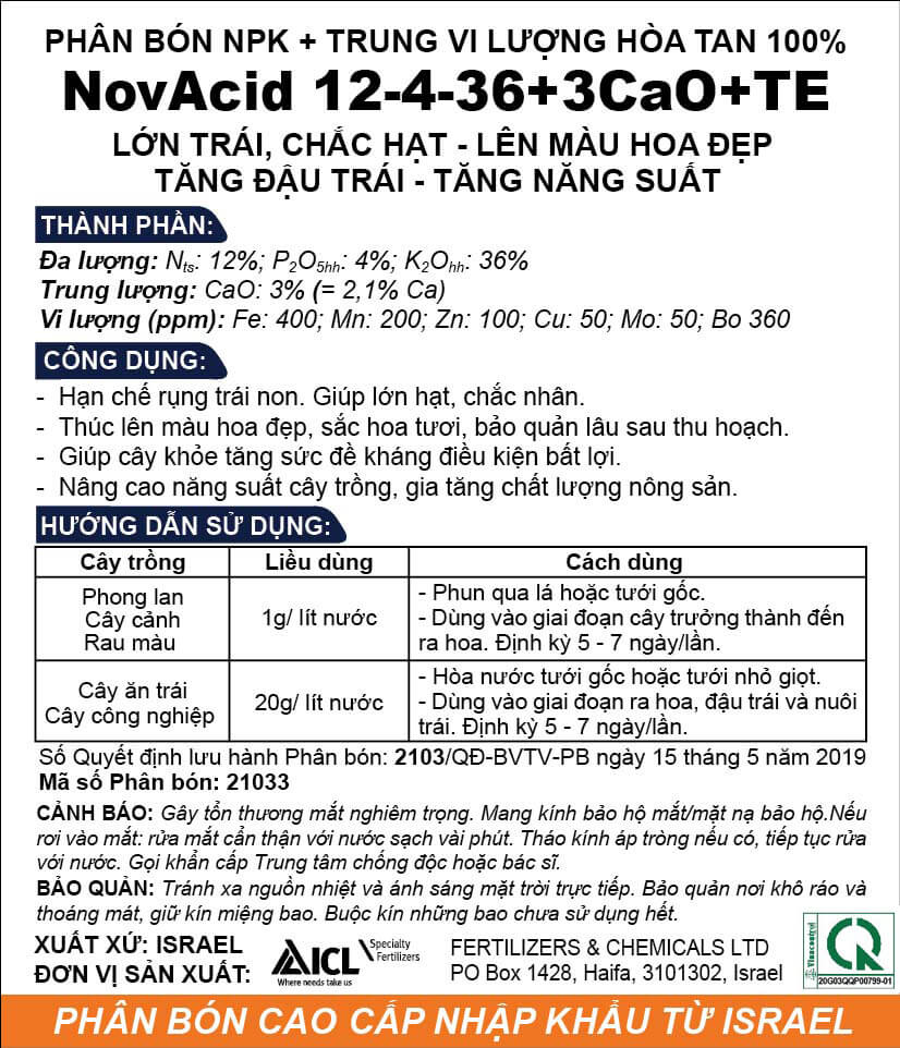 Phân bón hòa tan Israel Novacid 12-40-36+3CaO+Te, Hoà tan 100% sử dụng cho hệ thống tưới nhỏ giọt và tưới phun. Hạn chế rụng trái non, thúc hoa ra màu đẹp và tăng sức đề kháng cho cây trồng