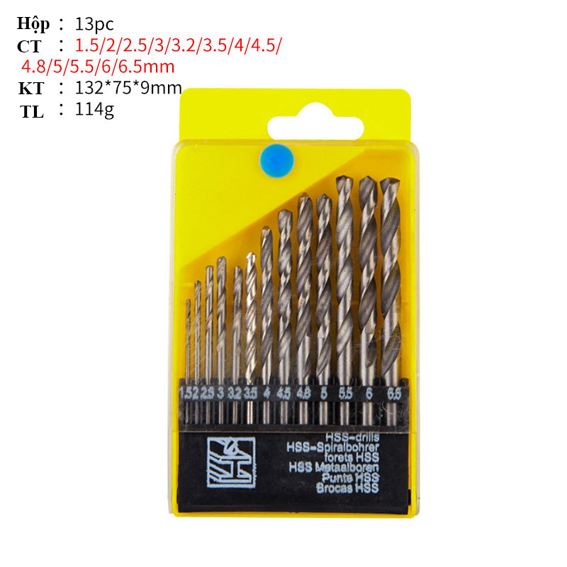 Bộ mũi khoan đa năng mini 13 mũi ABG khoan sắt, đá, gỗ, chất liệu thép hợp kim từ 1,5mm tới 6,5mm