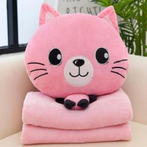 Bộ Chăn Gối Gấu Bông Mèo, Chăn Gối Văn Phòng Mèo Nhắm Mắt 3in1