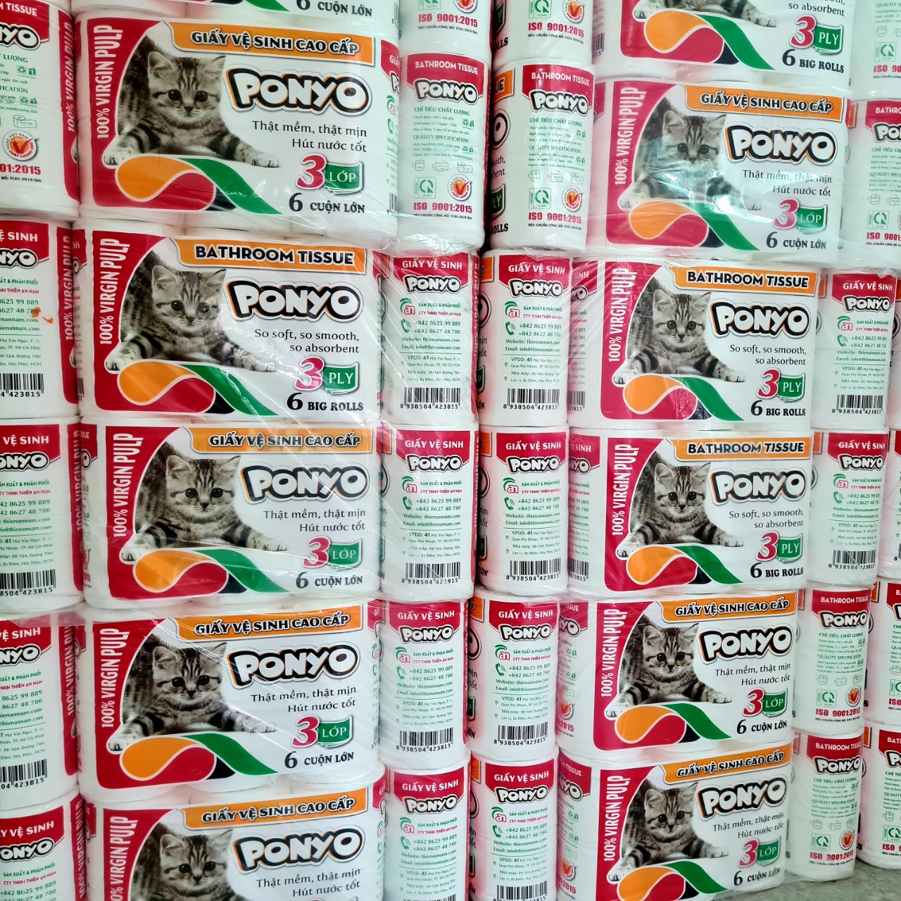 Combo (4 lốc) giấy vệ sinh cao cấp PONYO mèo con, 3 lớp dày mềm mịn, gần 1kg/lốc (6 cuộn)