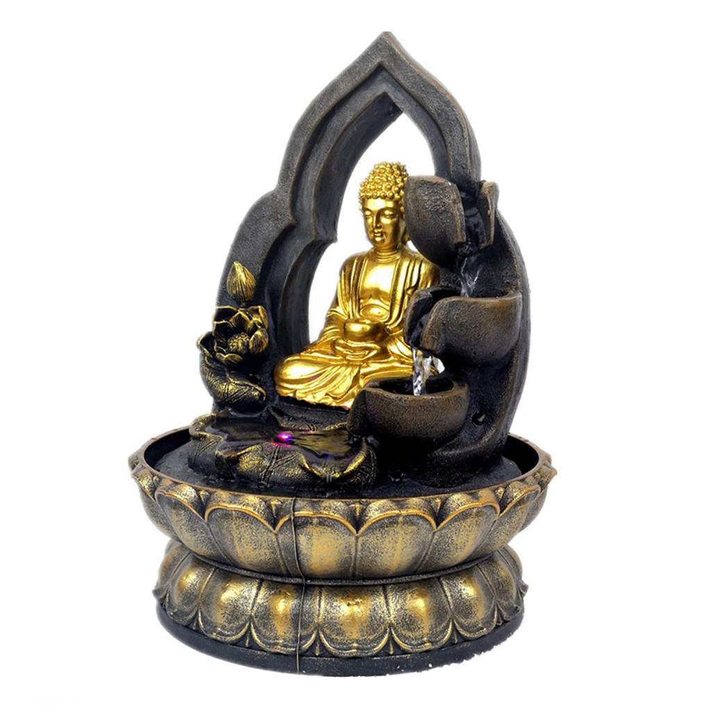 Tabletop Fountain LED Lights Water Waterfall Resin Buddha Statue Sculpture
