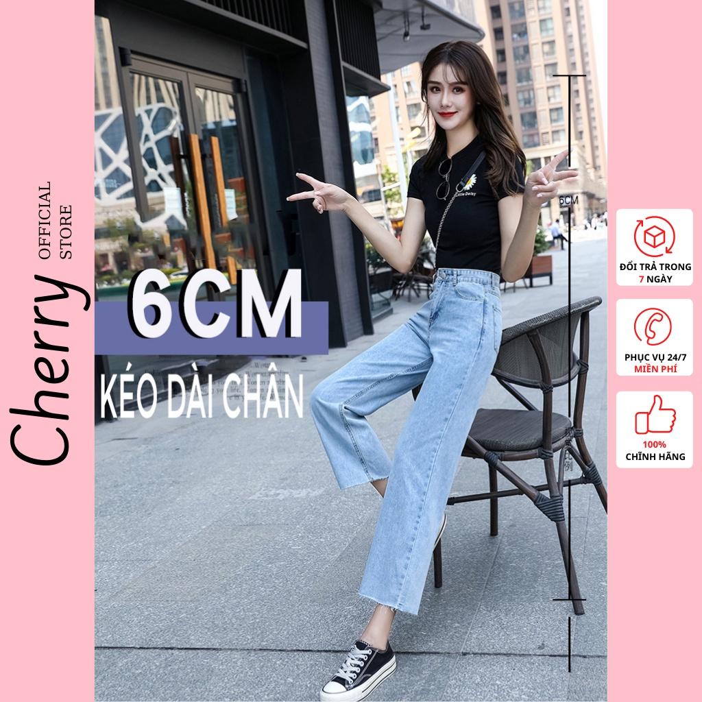 Quần jean nữ ống rộng lưng cao dáng lửng ngắn phong cách Hàn Quốc CHERRY, quần bò nữ ống đứng lửng bigsize cạp cao T038