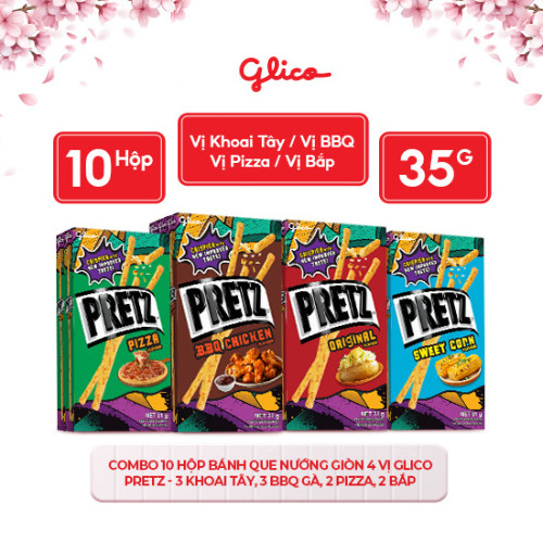 Bánh que nướng giòn 4 vị GLICO Pretz (Combo 10 hộp - 3 khoai tây 3 BBQ Gà 2 Pizza 2 Bắp)