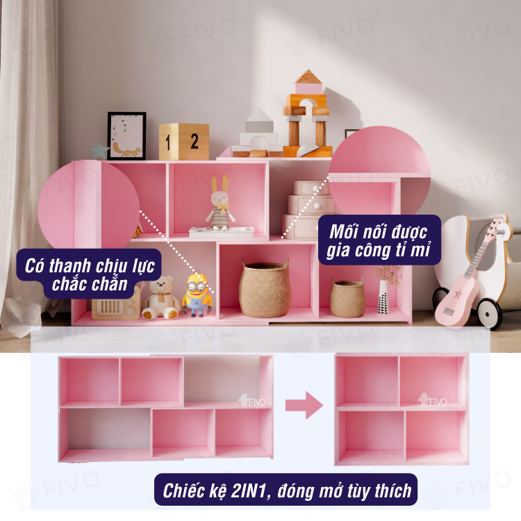 Kệ Trang Trí Thông Minh FIVO FB72 Màu Hồng, Thiết Kế Hiện Đại 2IN1 Đóng Mở Tùy Thích, Tiết Kiệm Diện Tích