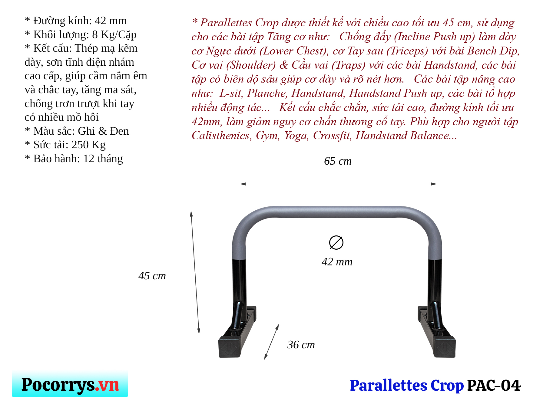 Xà kép Parallettes Crop cao 45cm, Pocorrys PAC-04, Màu ghi chân đen cao