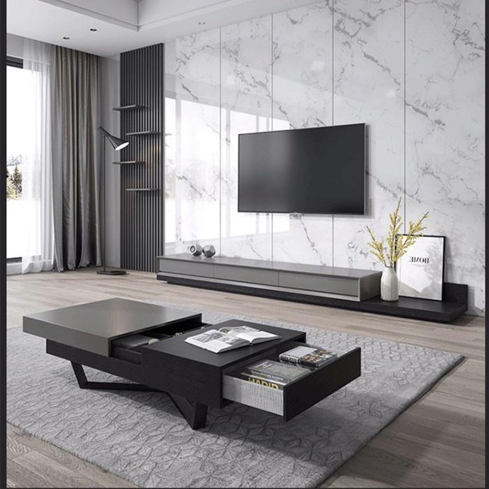 COMBO kệ TV bàn trà hiện đại vân sồi màu xám + đen - Bộ nội thất phòng khách giá sốc LUX-KTV09