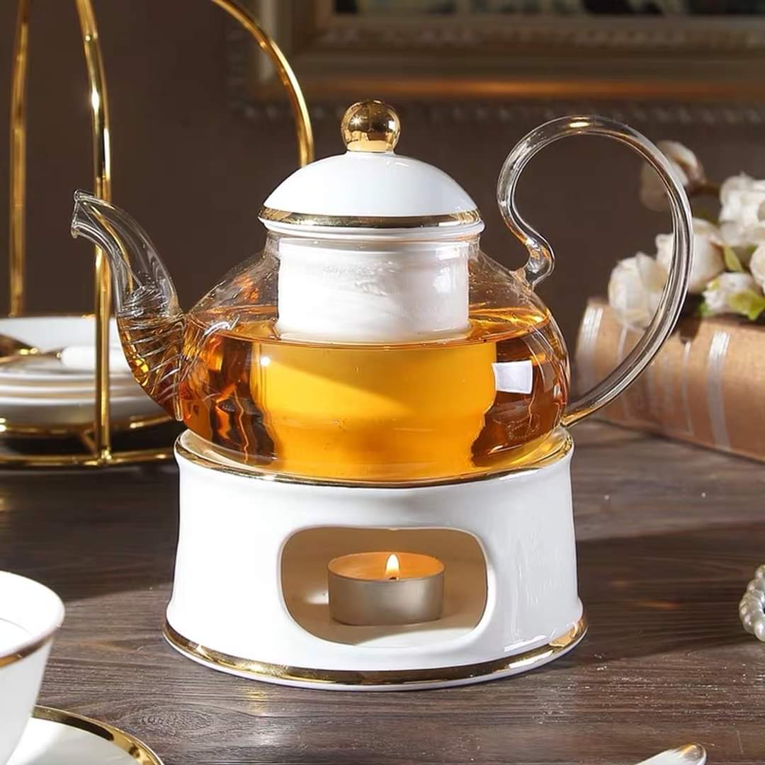 BỘ BÌNH TRÀ SỨ XƯƠNG KÈM BẾP TRÂM TRÀ MÀU TRẮNG VIỀN VÀNG CAO CẤP
