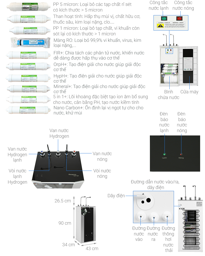 Máy lọc nước R.O nóng nguội lạnh Hydrogen Kangaroo KG10A4VTU 10 lõi - Hàng chính hãng