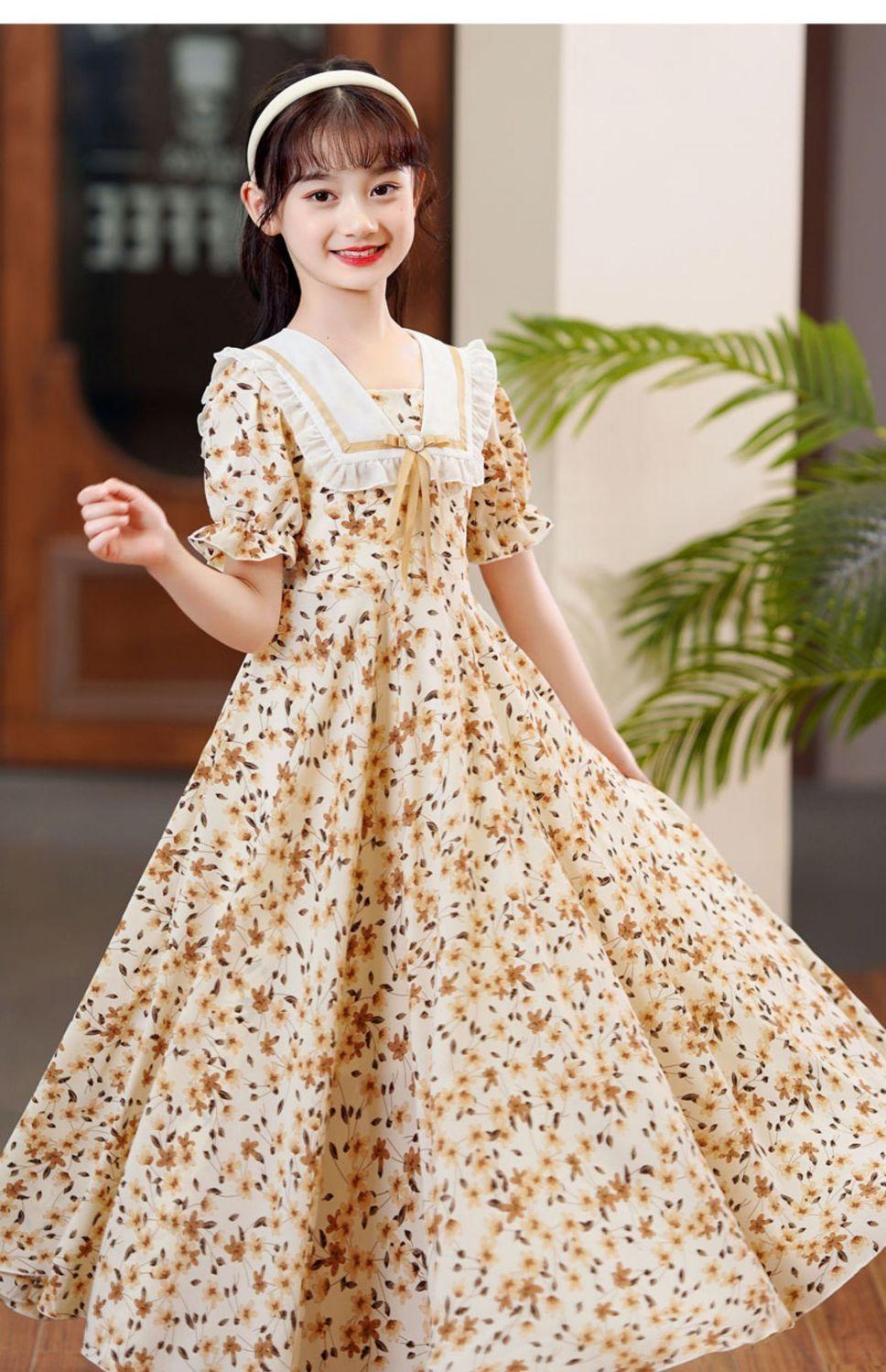 SHUANGYAN Cô gái lớn bé mùa hè váy bong bóng tay áo đầm cô gái nhỏ mùa hè phong cách phương Tây váy sinh viên ngọt ngào trên đầu gối hoa đầm dài