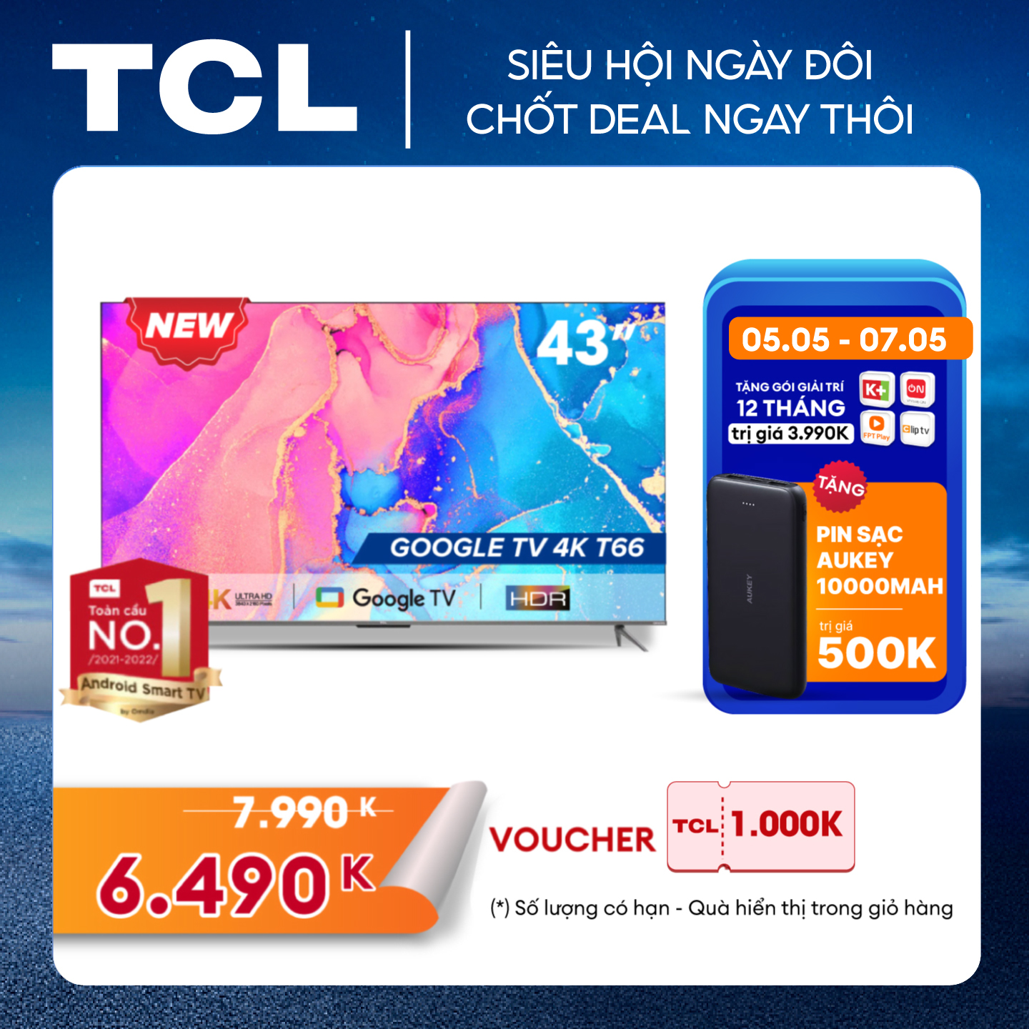 GOOGLE Tivi 43'' 4K HDR - TCL 43T66 - Gam Màu Rộng Dolby Audio - Tivi Giá Rẻ Chất Lượng -Hàng chính hãng