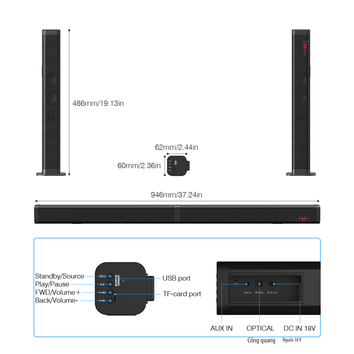 Loa thanh loa soundbar dùng cho smart tivi SK30-Optical có ổ cắm đa năng đi kèm