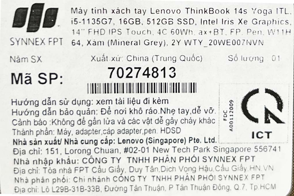 Laptop Lenovo ThinkBook 14s Yoga ITL i5 1135G7/16GB/512GB/14&quot;F/Touch/Pen/Win11/(20WE007NVN)/Xám - Hàng chính hãng