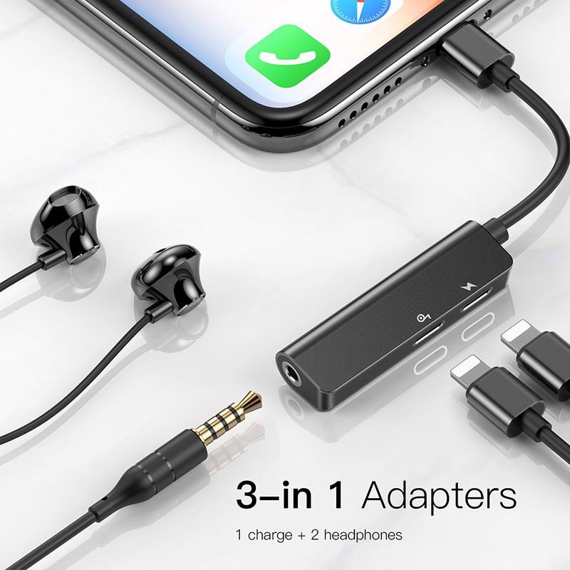 Đầu sạc Adapter 3 in 1 Baseus chia cổng iPhone thành 2 cổng iPhone và 1 cổng tai nghe AUX 3.5mm - Hàng chính hãng