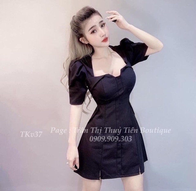 Đầm Xoè Nhẹ Tay Phồng Cổ Kiểu Lai Xẻ V Nhỏ Hàng Thiết Kế