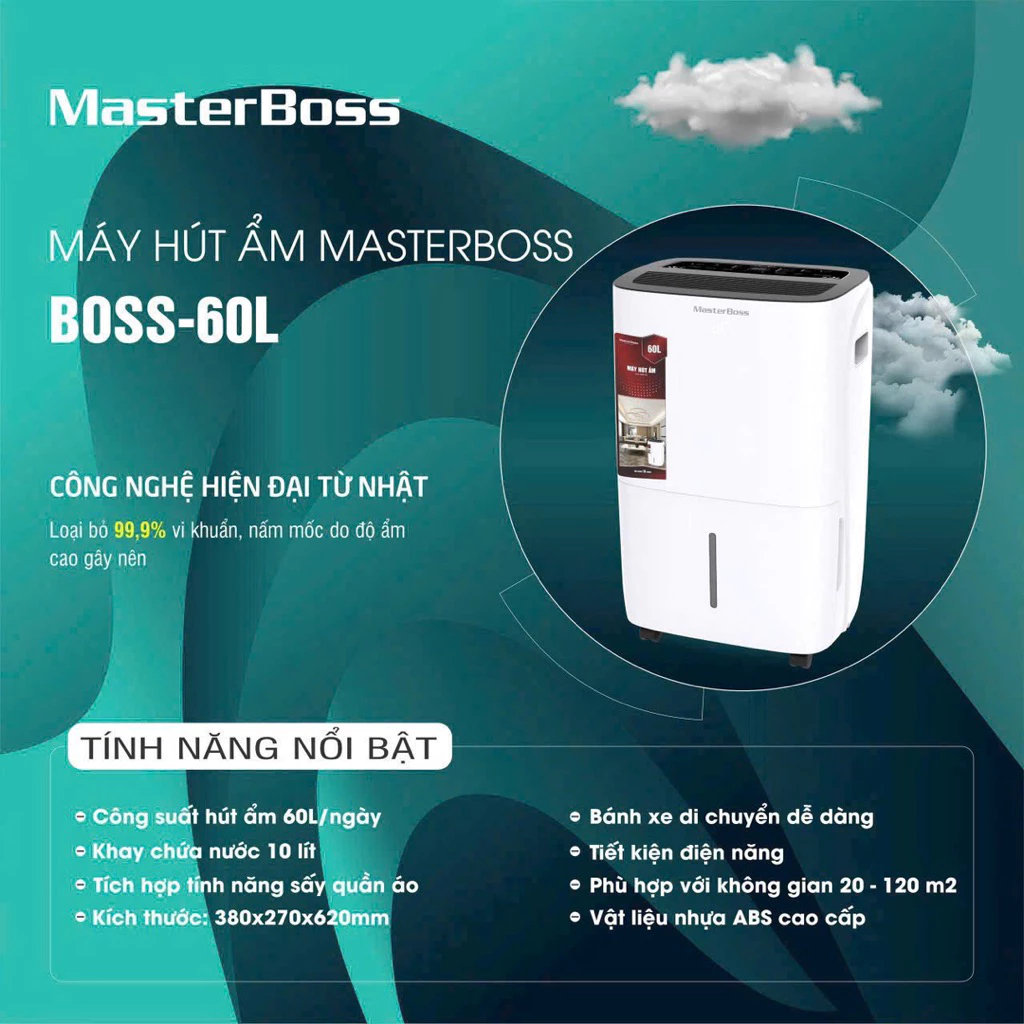 Máy Hút Ẩm, Lọc Không Khí Masterboos 60L - Thế Hệ Thông Minh, Xử Lý Bụi Tự Động, Bảo Hành 24 tháng - Hàng chính hãng