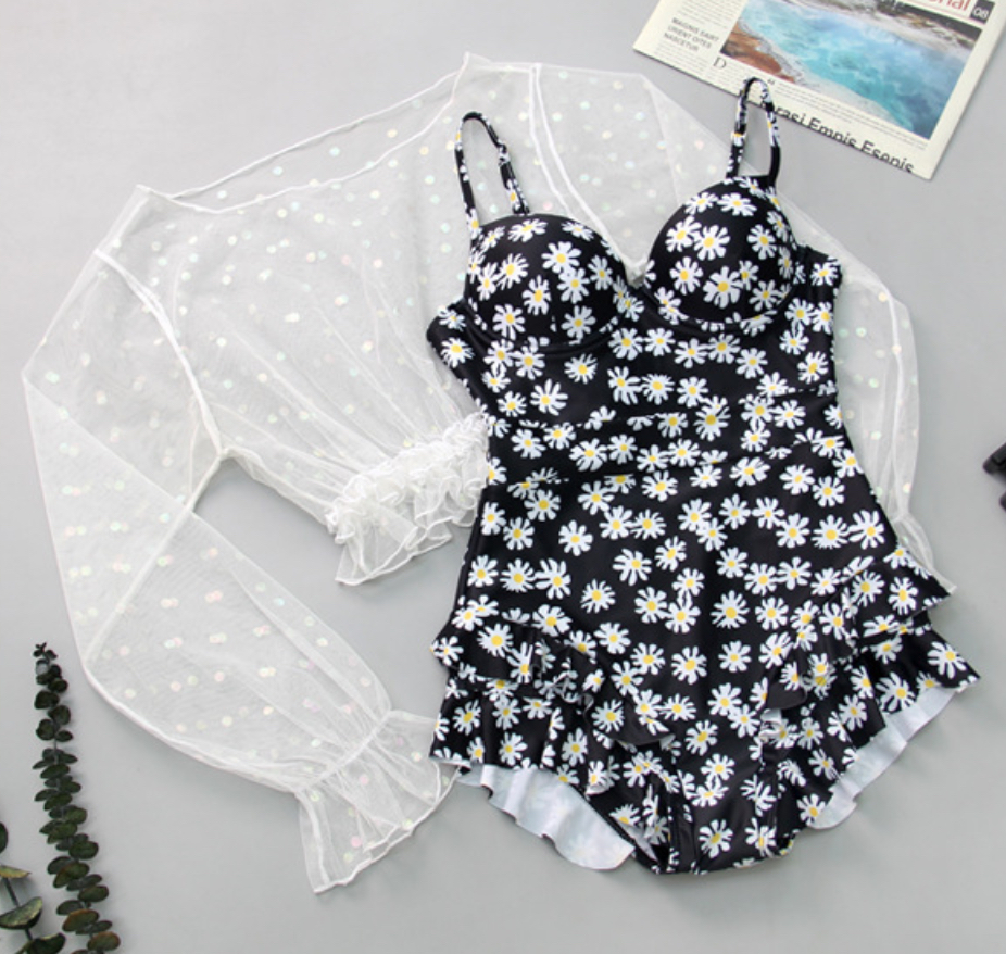 Bộ đồ bơi bikini nữ 1 mảnh đi tắm biển hoa cúc kèm áo croptop ren trắng chấm bi tiểu thư hot trend 2021- B02