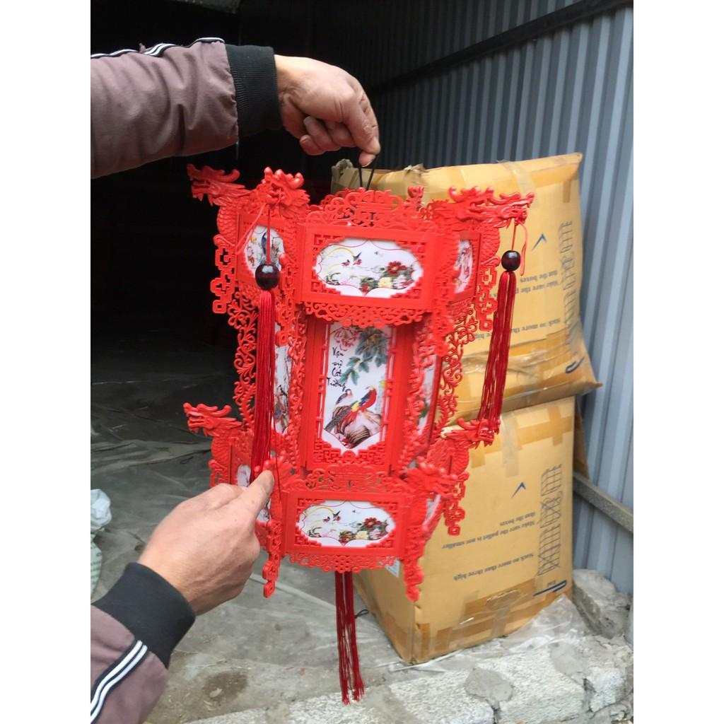 Đèn lồng nhựa giả gỗ lục giác 6 cạnh in hoa văn nhiều size