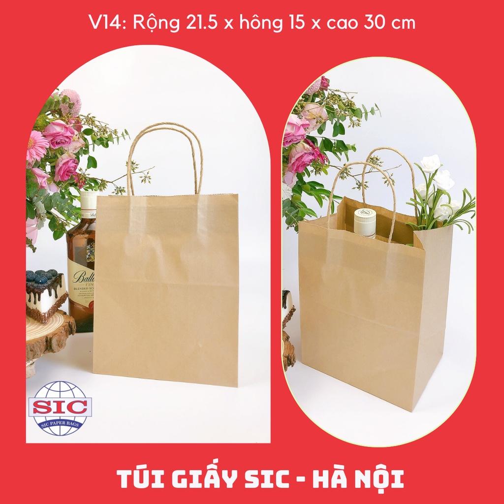 100 CHIẾC TÚI GIẤY KRAFT V14: 21.5x15x30 cm CÓ QUAI ( ẢNH THẬT)