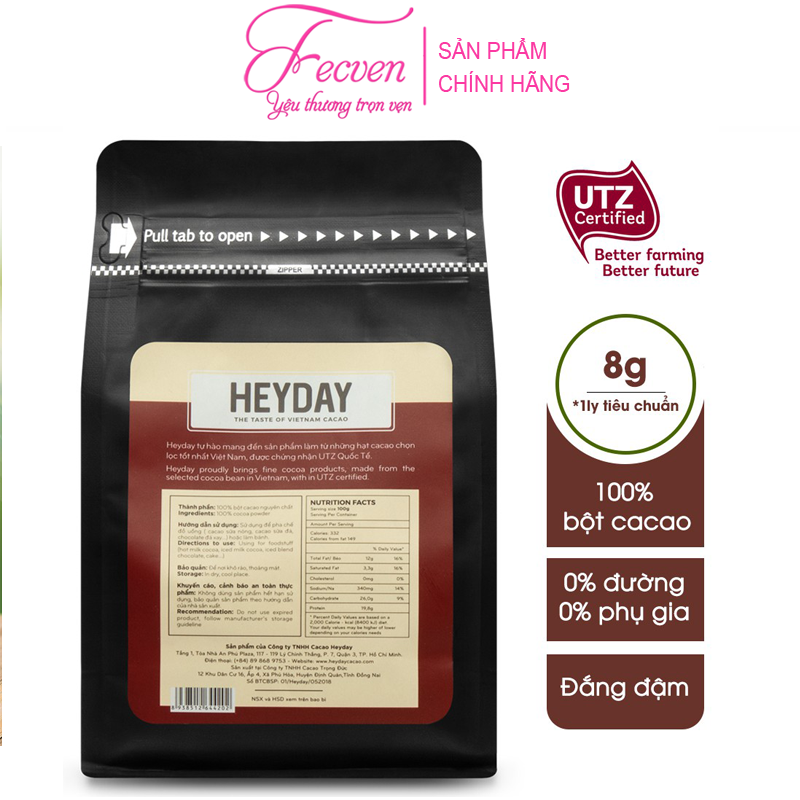 Bột Cacao Nguyên Chất Heyday Balanced - Nguyên Chất 100%, Không Đường - Vị Đắng Đậm - Dòng Phổ Thông Chuyên Dùng Pha Chế, Làm Bánh - FECVEN