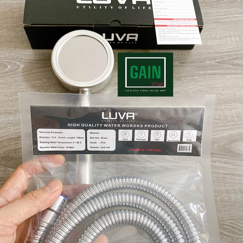 Combo vòi hoa sen tăng áp Luva VS4 kèm dây sen Luva, inox 304, lõi đồng, dài 1.5m, BH 1 năm đổi lỗi 30 ngày