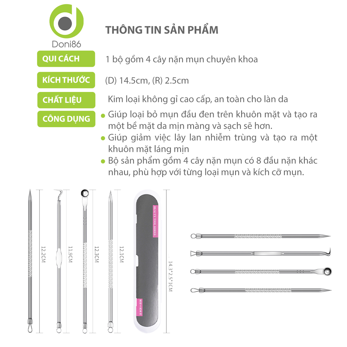 Bộ dụng cụ nặn mụn 4 món đa dạng, hỗ trợ loại bỏ mụn đầu đen, mun cám dễ dàng, kích thước nhỏ gọn dễ mang theo - Doni - DOPK344