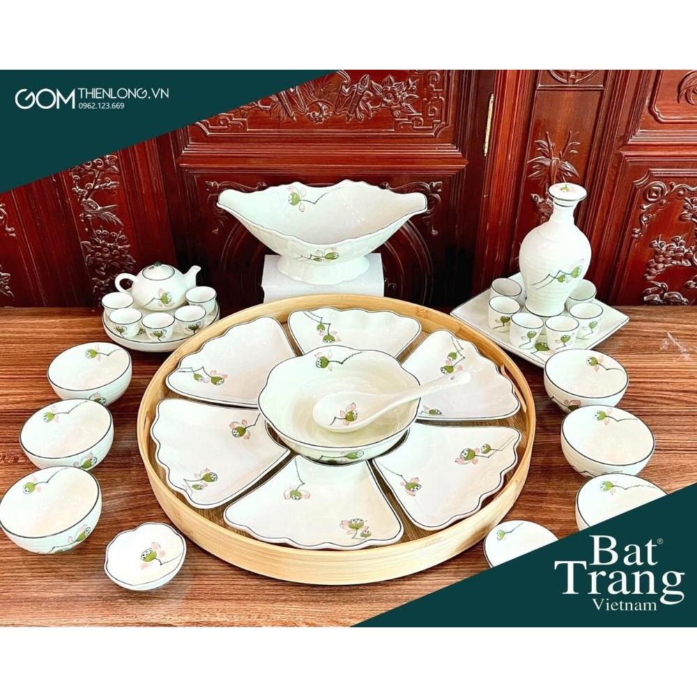 Bộ bát đĩa thắp hương hoa mặt trời men kem vẽ đài sen gốm Bát Tràng chính hãng Gốm Thiên Long 236625