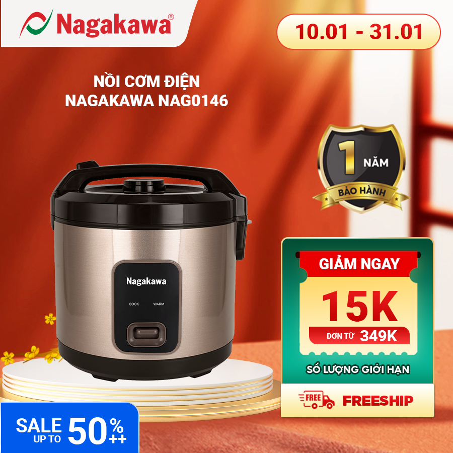 Nồi cơm điện cơ Nagakawa NAG0146 - Lòng nồi hợp kim nhôm - Bảo hành 1 năm - Hàng chính hãng
