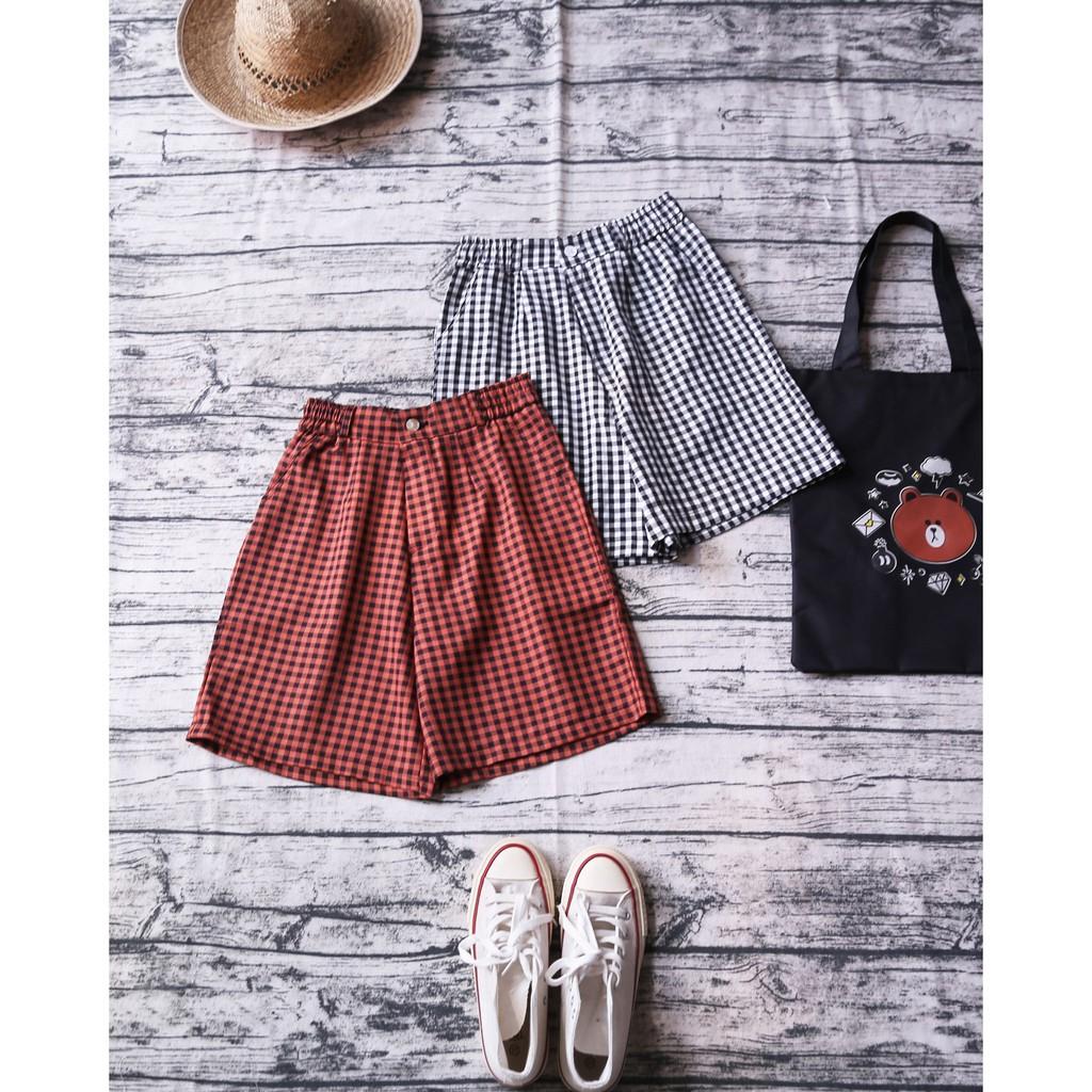 QUẦN SHORTS KẺ CARO ĐAI CHUN PHỐI KHÓA CÚC