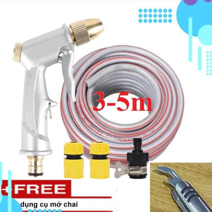 Bộ dây vòi xịt nước rửa xe,tưới cây .tăng áp 3 lần,loại 3m,5m 206701 đầu đồng,cút,nối nhựa đen+ tặng mở chai