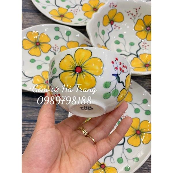 Bộ bát đĩa gốm sứ Bát Tràng cao cấp không chì hoa 6 cánh vẽ hoa vàng