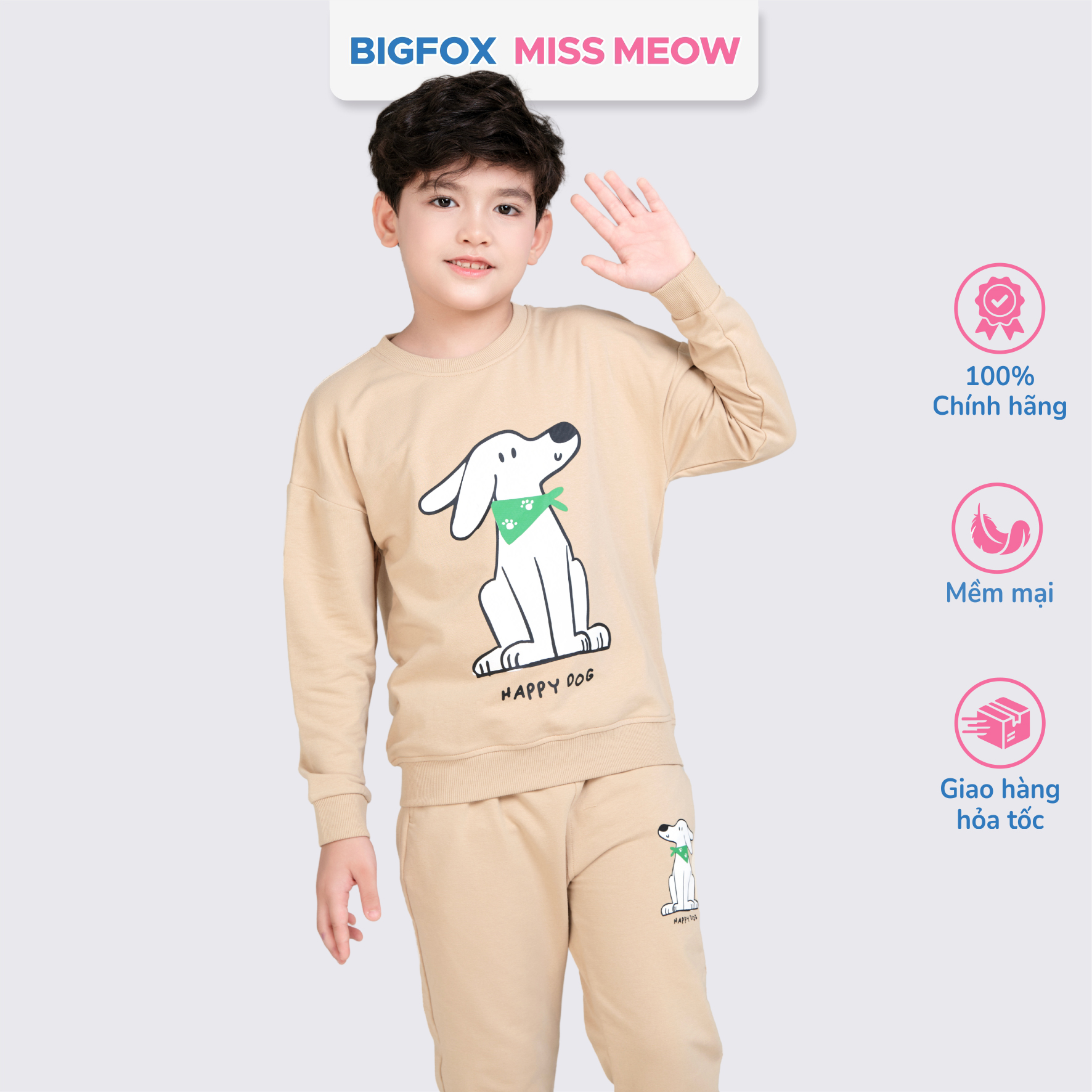 Bộ đồ dài tay cho bé trai size đại Bigfox Miss Meow mùa thu đông mặc nhà vải nỉ dày dặn cỡ 3-11 tuổi