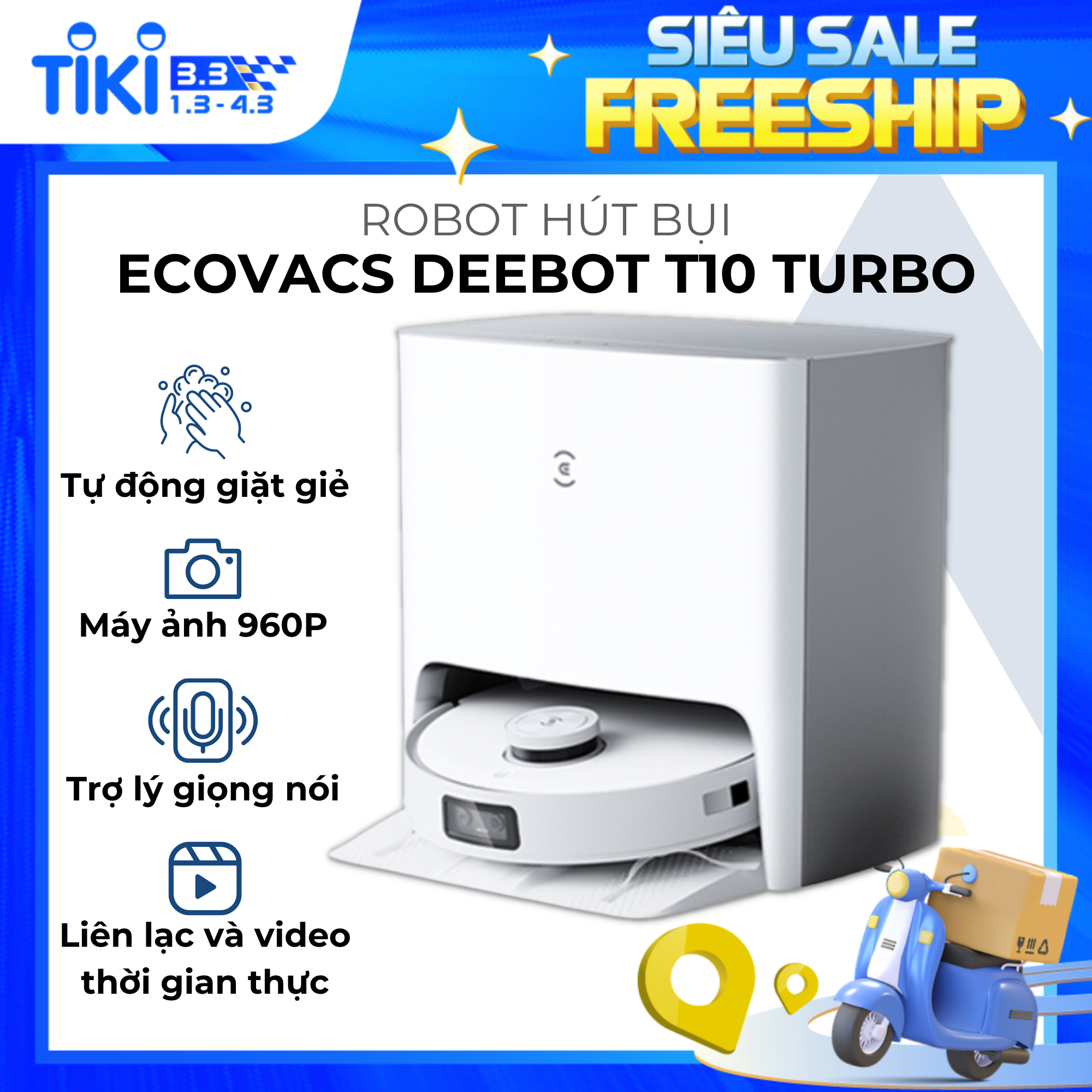 Robot Hút Bụi Lau Nhà Thông minh Giặt Giẻ Tự Động Ecovacs Deebot T10 Turbo -  Bản Quốc Tế - Điều Khiển Bằng Giọng Nói, Lực hút 3000 Pa, Camera 960p, Lưu 3 Bản đồ - Hàng Chính hãng