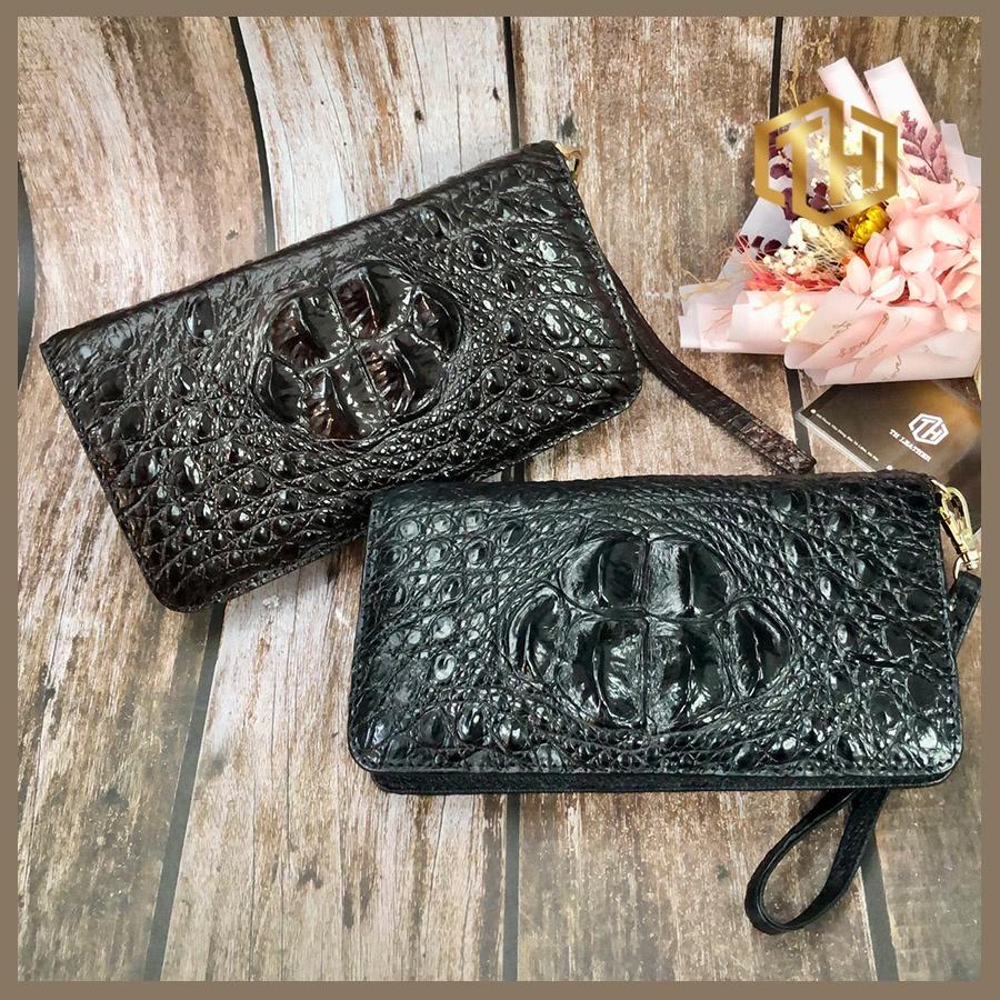 Clutch Da Cá Sấu Thật 1 Khóa - Clutch Cá Sấu 6 Gù Hàng Hiếm, Ví Dài Cầm Tay Có Ngăn Đựng Điện Thoại, BH 24 Tháng