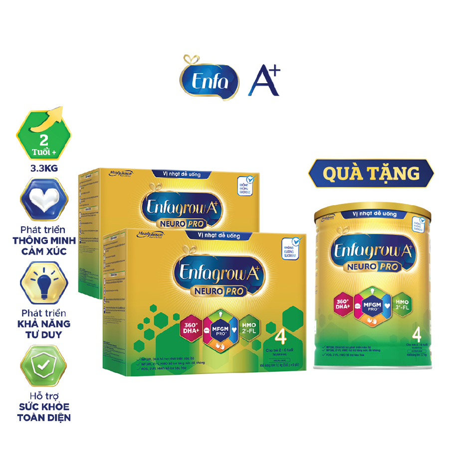 Bộ 2 hộp Sữa bột Enfagrow A+ Neuropro 4 Vị thanh mát với dưỡng chất DHA &amp; MFGM 3.3kg -Tặng 1 lon 1.7kg