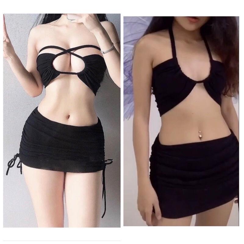 Bikini đen cách điệu phối váy nhún mặc đc nhiều kiểu