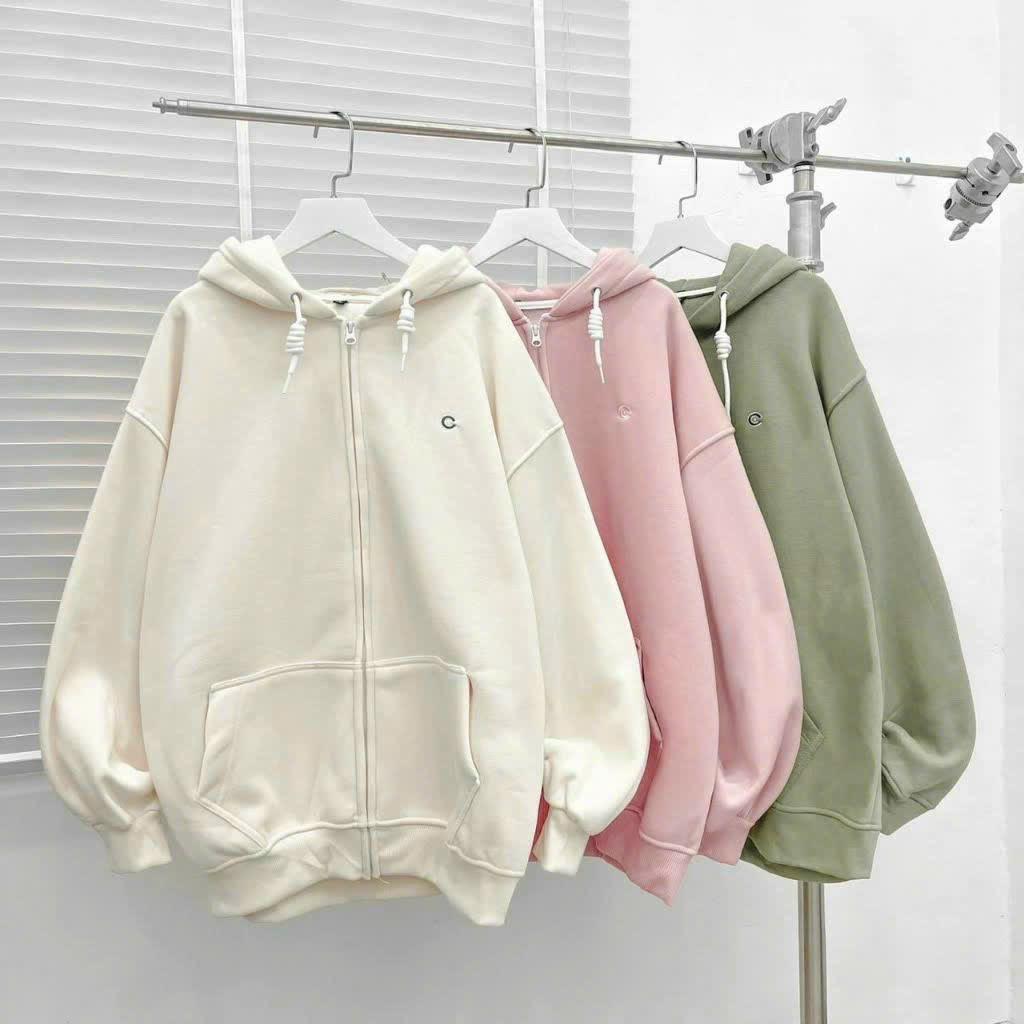 [FREESHIP] Áo Khoác Nỉ Hoodie Nữ Với Dáng kiểu Khóa Zip Có In Chữ C  HTM FASHION - Kem