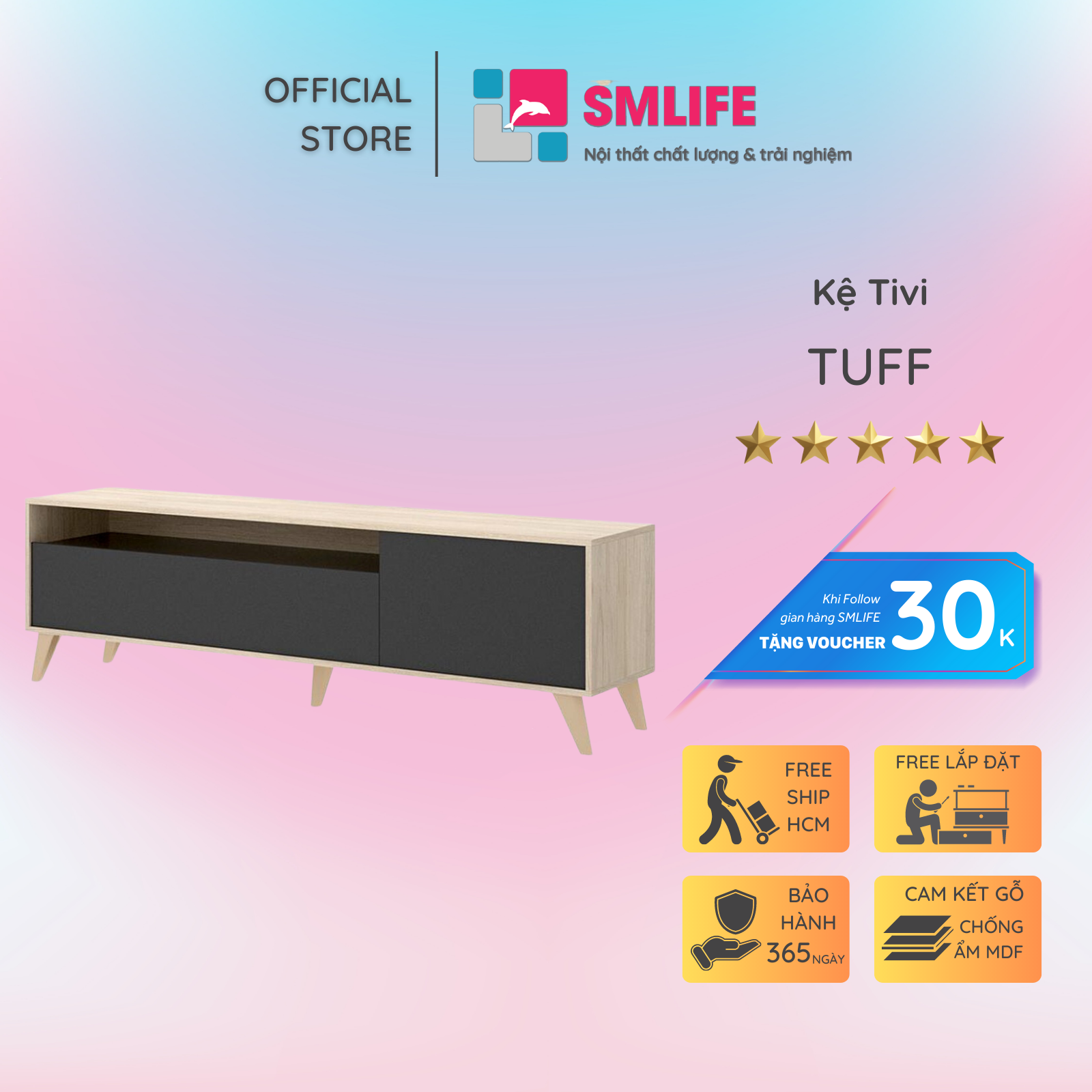Kệ tivi gỗ hiện đại SMLIFE Tuff | Gỗ MDF dày 17mm chống ẩm | D160xR35xC80cm