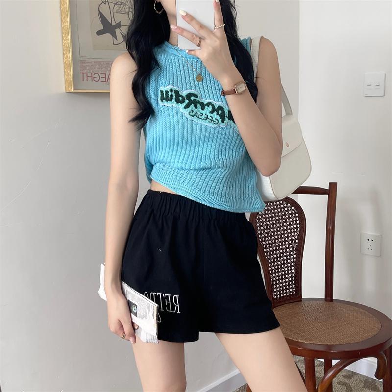 Áo len nữ Montoghi dệt kim Quảng Châu MÙA HÈ dáng croptop thêu chữ nổi xinh xắn