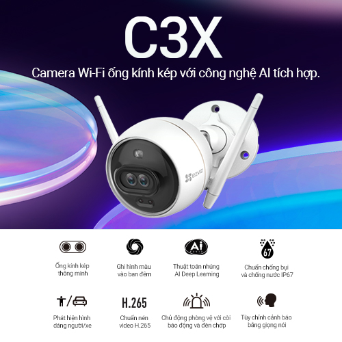 Camera Wifi Ezviz C3X 2MP 1080P Ngoài Trời Bản Mắt Kép, Có Màu Ban Đêm, AI Thông Minh - Hàng Chính Hãng