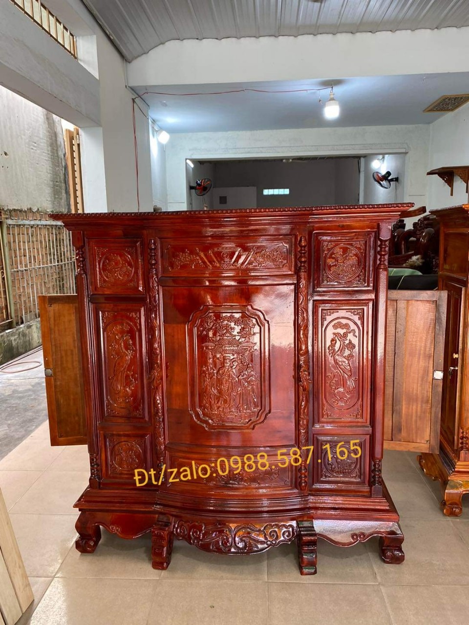 Tủ thờ gia tiên,tủ thờ gỗ tràm bụng phệ kiểu Tam Đa ngang 1m07 và 1m27