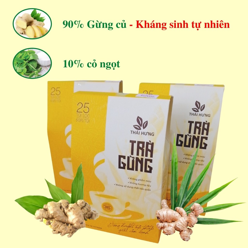 Trà Gừng Thái Hưng 25 túi lọc x 5g - Giải cảm lạnh, tăng huyết áp thấp, tăng cường tuần hoàn máu, giữ ấm