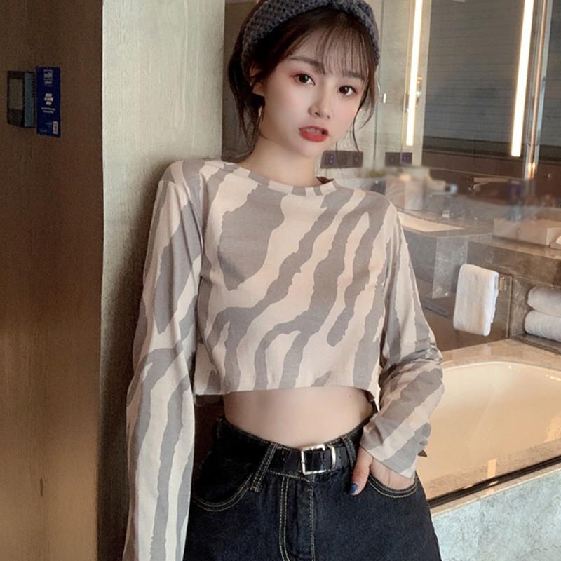 Áo crop top thời trang cho phái nữ tay dàI dáng rộng họa tiết sọc ngựa vằn