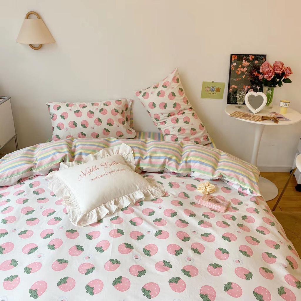 Bộ Chăn Ga Gối Cotton 100% - Dâu Tây Hồng
