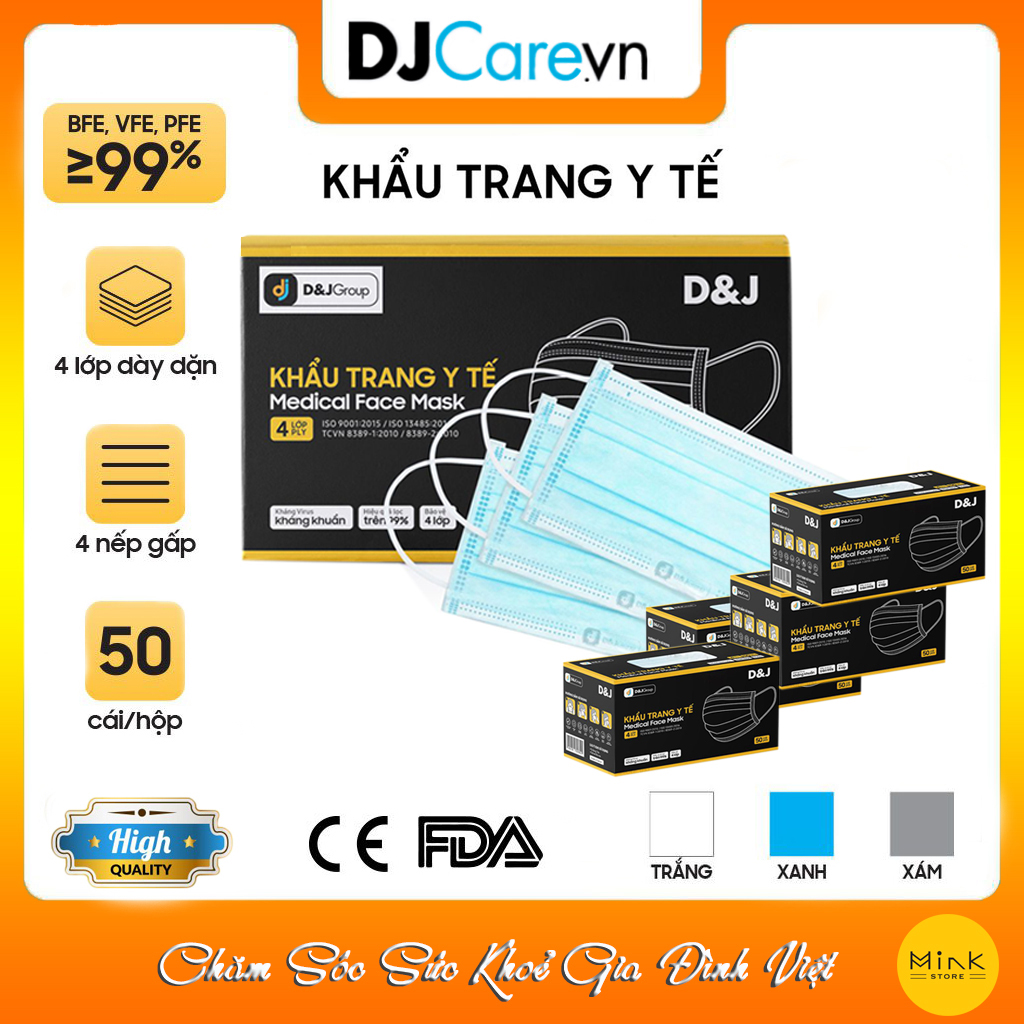 [CHÍNH HÃNG] Khẩu Trang Y Tế Kháng Khuẩn 4 Lớp D&amp;J/Tiêu Chuẩn Quốc Tế/Hộp 50 Cái