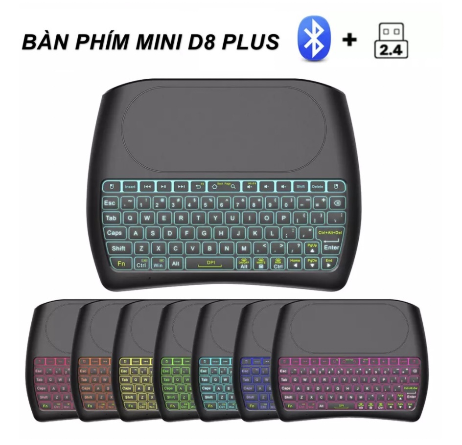 Bàn phím không dây 2.4G + Bluetooth D8 mini có đèn Led tích hợp bàn di chuột