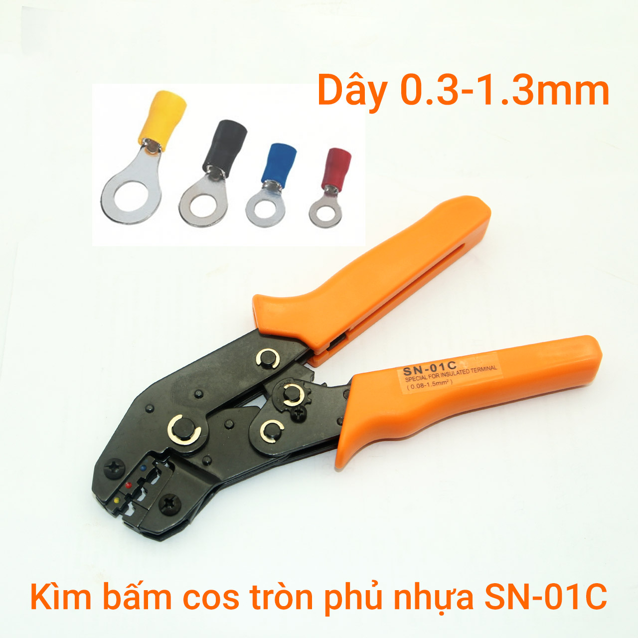 Kìm bấm cos tròn phủ nhựa 01C cho dây Φ0.3 - 1.3 mm thiết diện 0.08-1.5 mm² 28-16 AWG