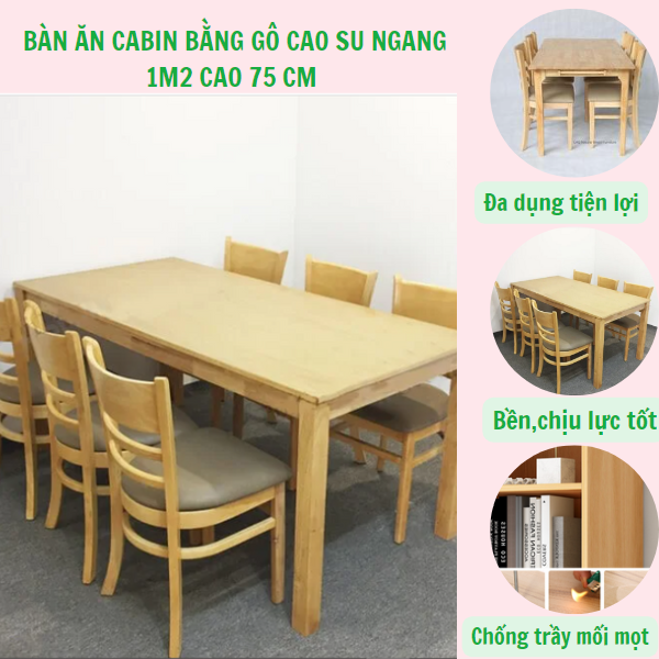 Bàn ăn Cabin ngang 1m2 bằng gỗ cao su tự nhiên cứng cáp dành cho gia đình quán ăn nhà hàng quán nước