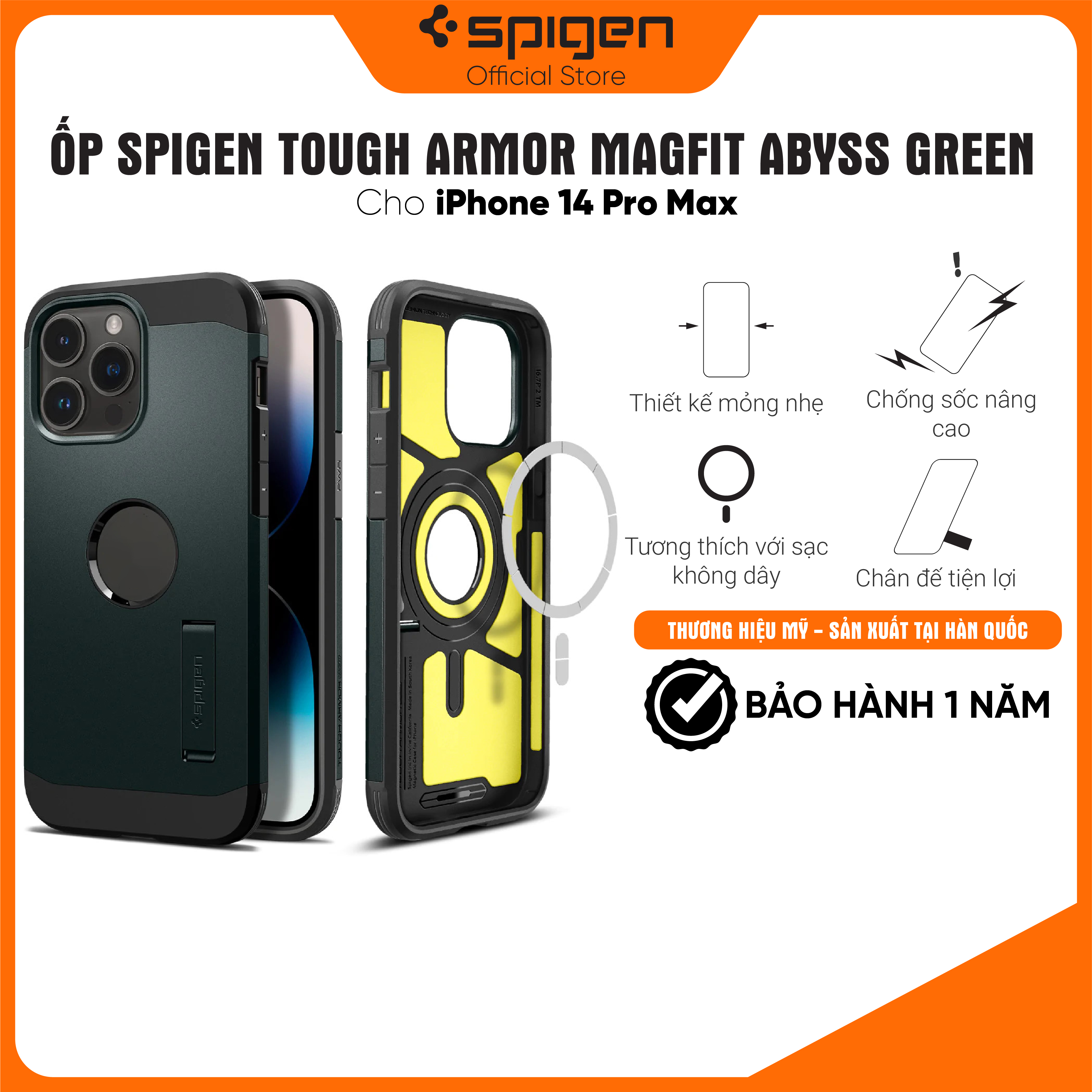 Ốp lưng Spigen Tough Armor Magfit cho iPhone 14 Pro Max - Thiết kế mỏng nhẹ, chống sốc, hỗ trợ sạc không dây, chống bẩn, viền camera cao - Hàng chính hãng
